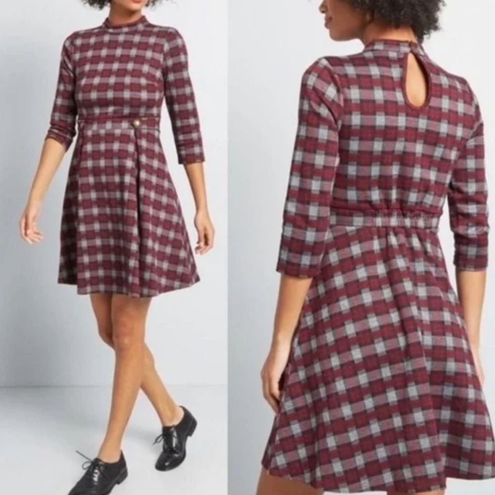 Modcloth Gray and Red A-Line Dress 3/4 Sleeve